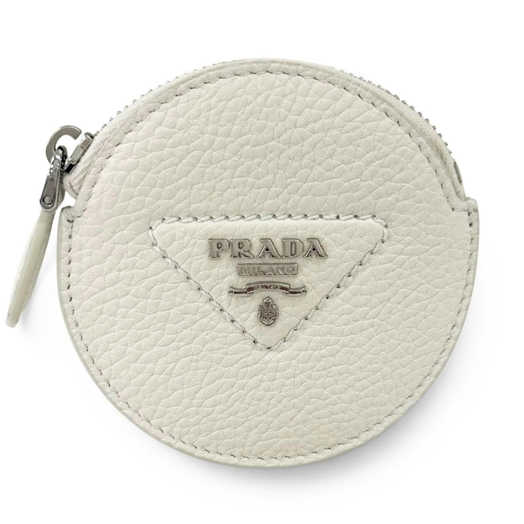 Prada Portamonete Vitello Daino Triangle Logo Round Coin Purse White