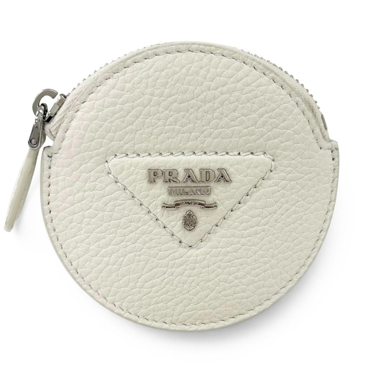 Prada Portamonete Vitello Daino Triangle Logo Round Coin Purse White