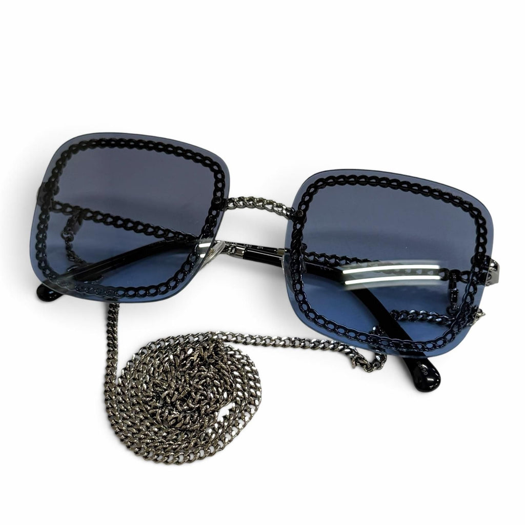 Chanel Glasses with Chain CC Logo Sunglasses Eyewear Navy Silver