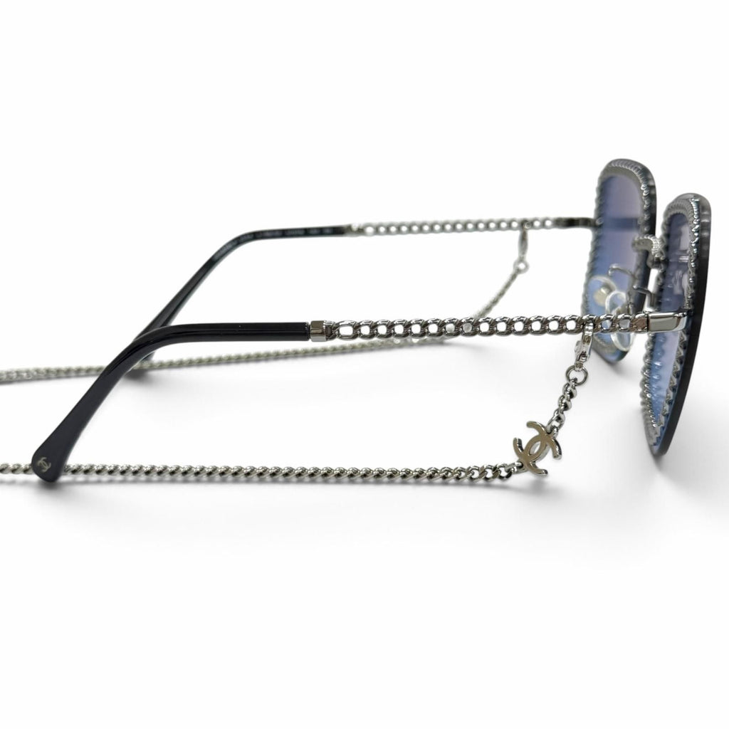 Chanel Glasses with Chain CC Logo Sunglasses Eyewear Navy Silver — view 5