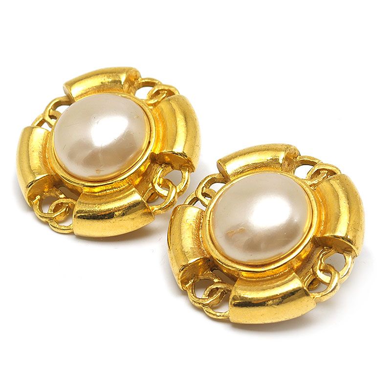 Chanel Faux Pearl Earrings 93P Gold Plated