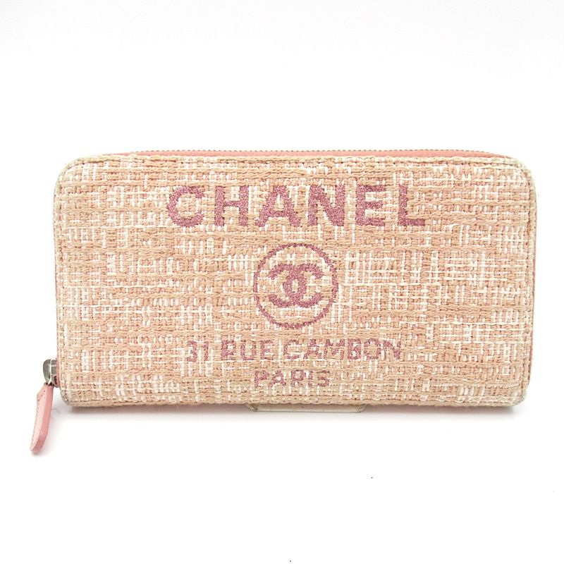 Chanel Deauville Line Full Zipper Wallet Canvas Pink