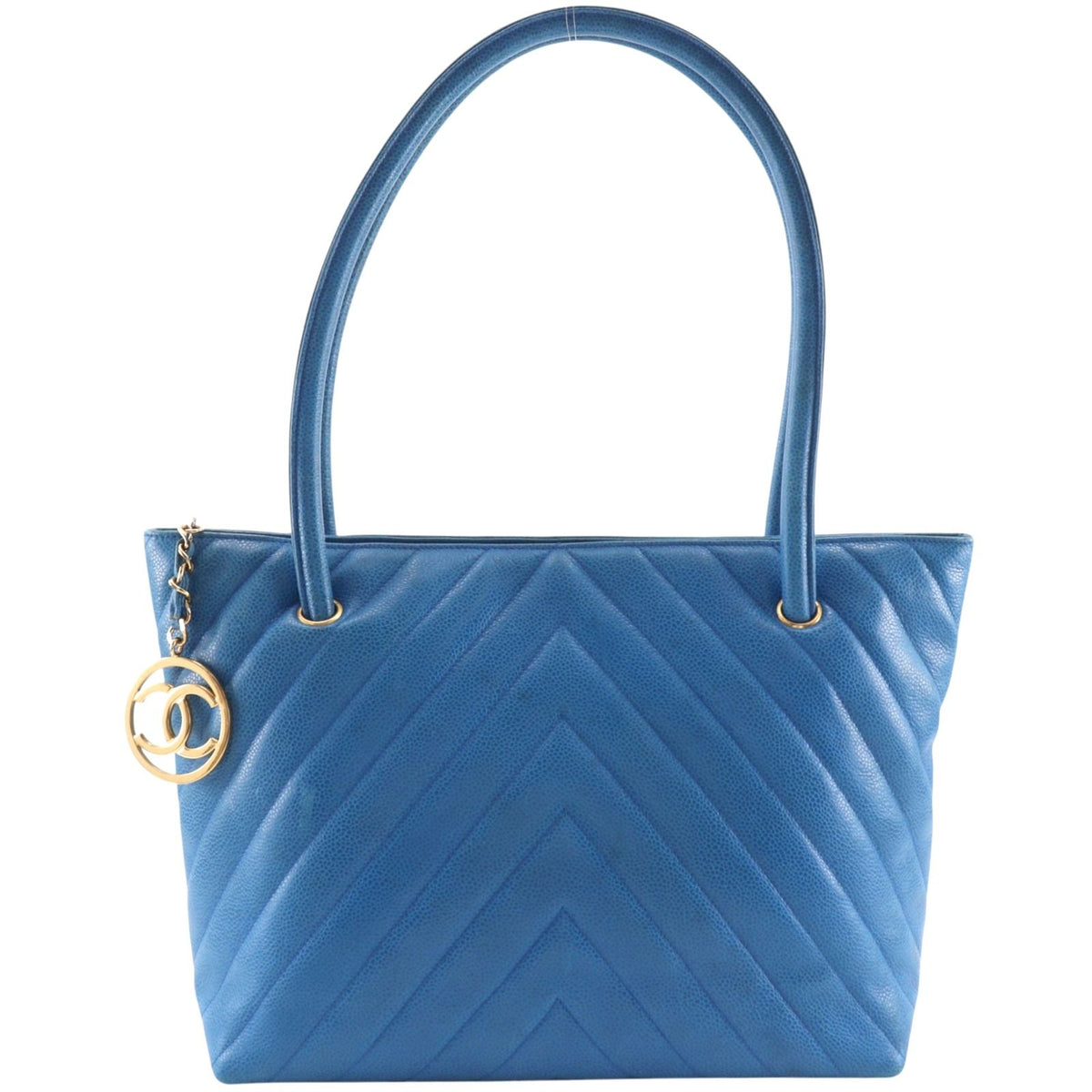 Chanel Chevron V-stitch Vintage Caviar Leather Blue Tote Bag