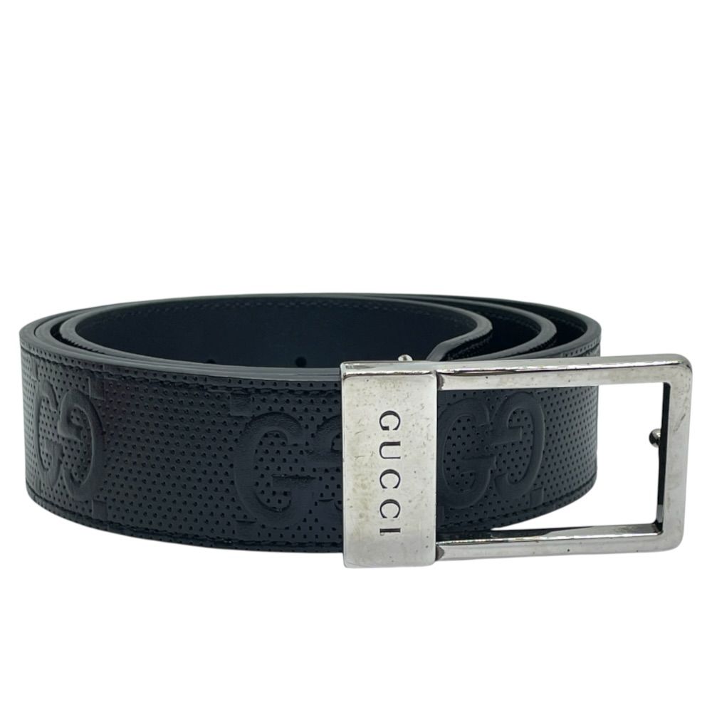 Gucci Square Buckle Belt GG Pattern Leather Metal Black Silver Business