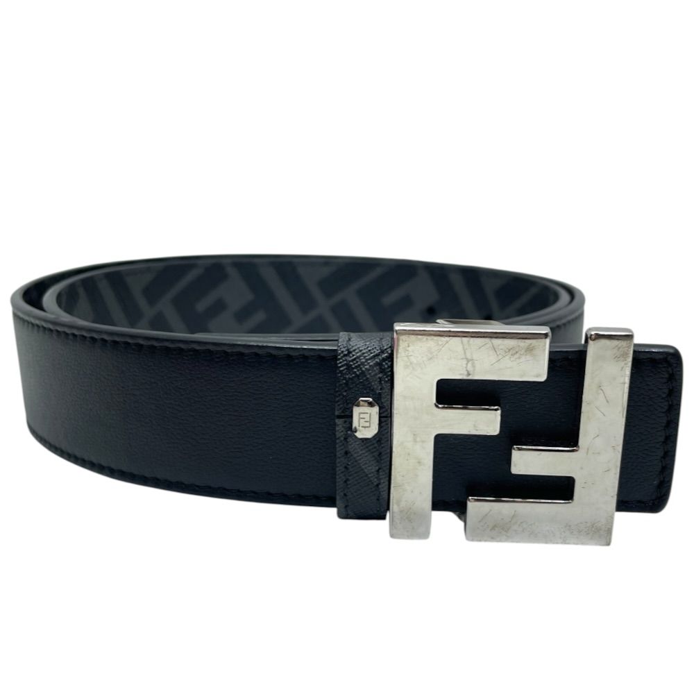 Fendi Belt FF Buckle Reversible Leather Metal Black Silver Gray Business