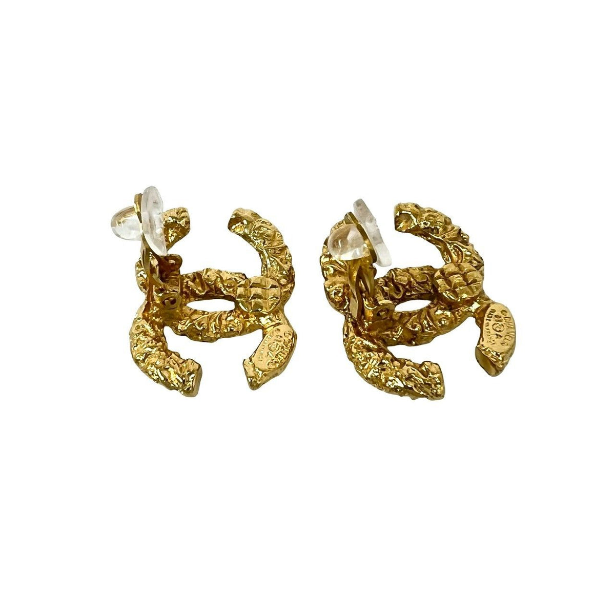 Chanel With Rice 93A Vintage CC Logo Lava Motif Earrings Gold — view 7