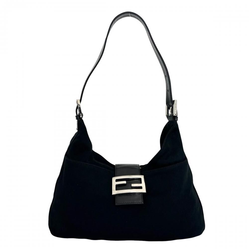 Fendi Shoulder Bag Mamma Baguette FF Logo 2348 Cotton Jersey Black Silver
