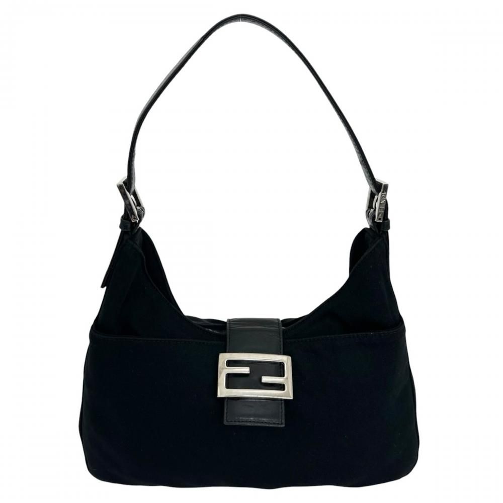 Fendi Shoulder Bag Mamma Baguette FF Logo Cotton Jersey Black Silver