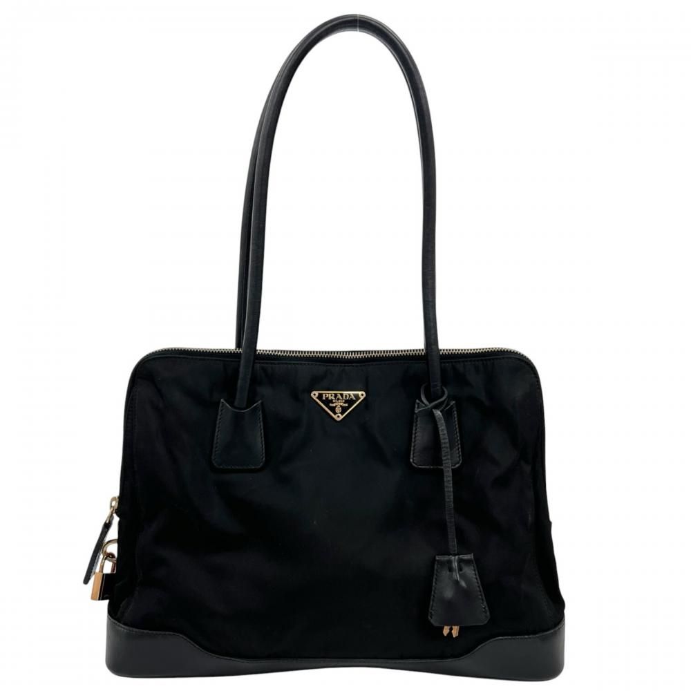 Prada Handbag Tessuto Triangle Logo Shoulder Nylon Leather Black Gold