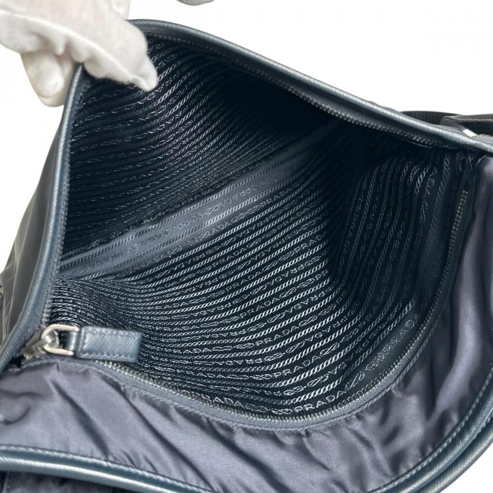 Prada Shoulder Bag Crossbody Nylon Saffiano Leather Navy Silver — view 5