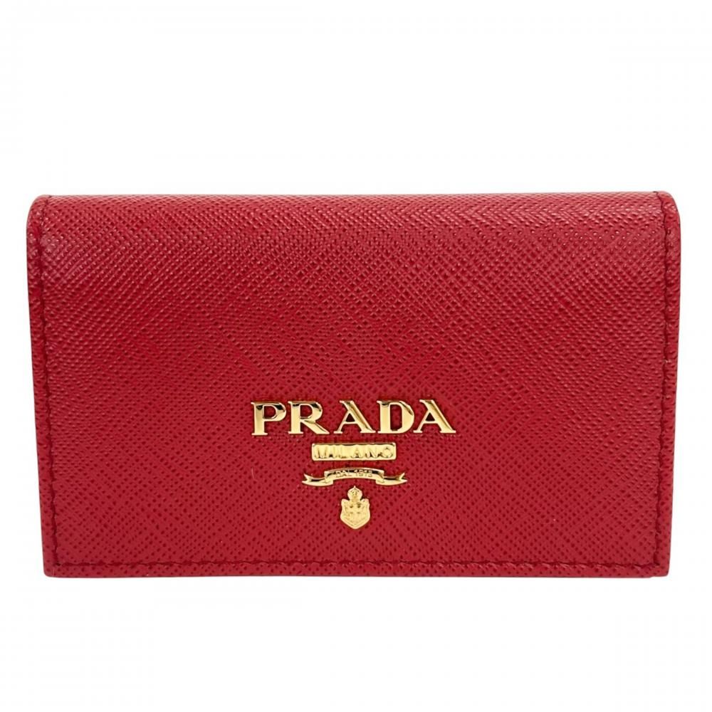 Prada Card Case Saffiano Business Leather Red Gold