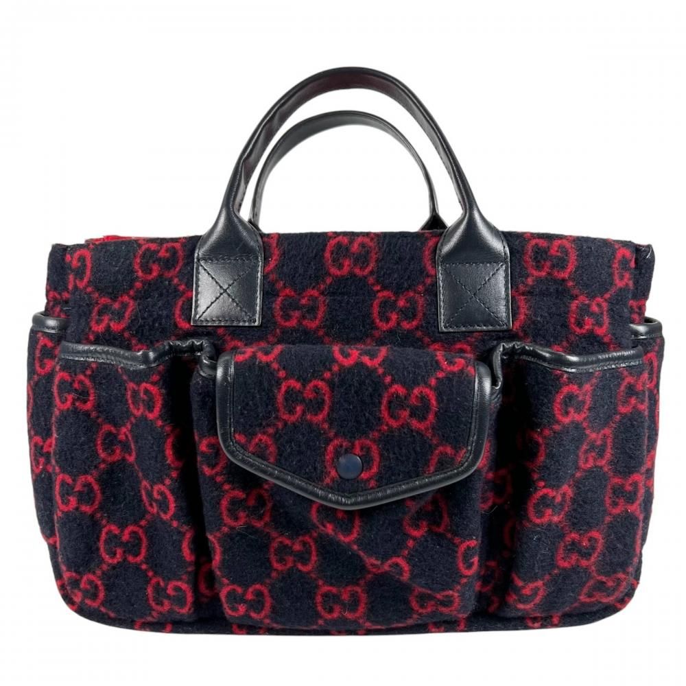 Gucci Handbag Multi Pocket Leather GG Wool Red Blue Silver