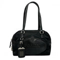 Prada Tote Bag Embossed Logo Mini Boston Shoulder Nylon Leather Black Silver