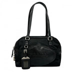 Prada Tote Bag Embossed Logo Mini Boston Shoulder Nylon Leather Black Silver