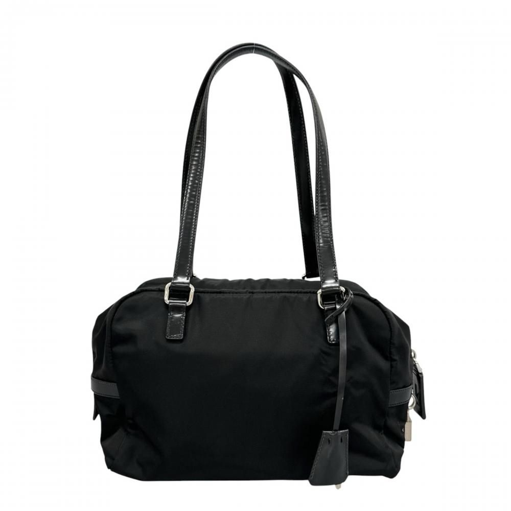 Prada Tote Bag Embossed Logo Mini Boston Shoulder Nylon Leather Black Silver — view 2