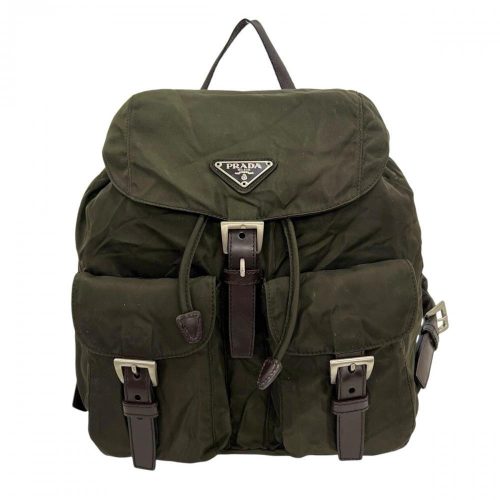 Prada Backpack Tessuto Nylon Leather Khaki Silver