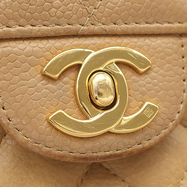 Chanel Shoulder Bag Quilted Chain Caviar Leather Beige Gold Single Flap CC Logo — view 8
