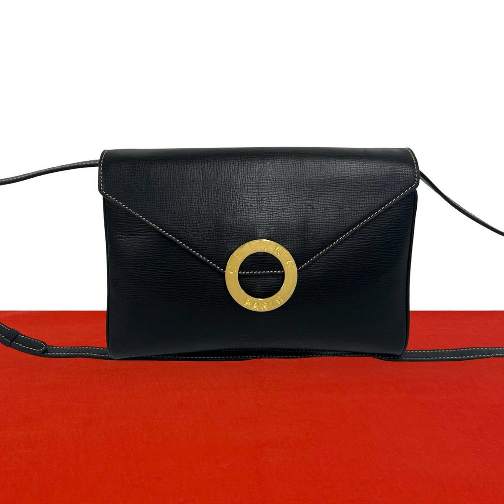 Celine Vintage Circle Logo Leather Shoulder Bag Pochette Crossbody Black