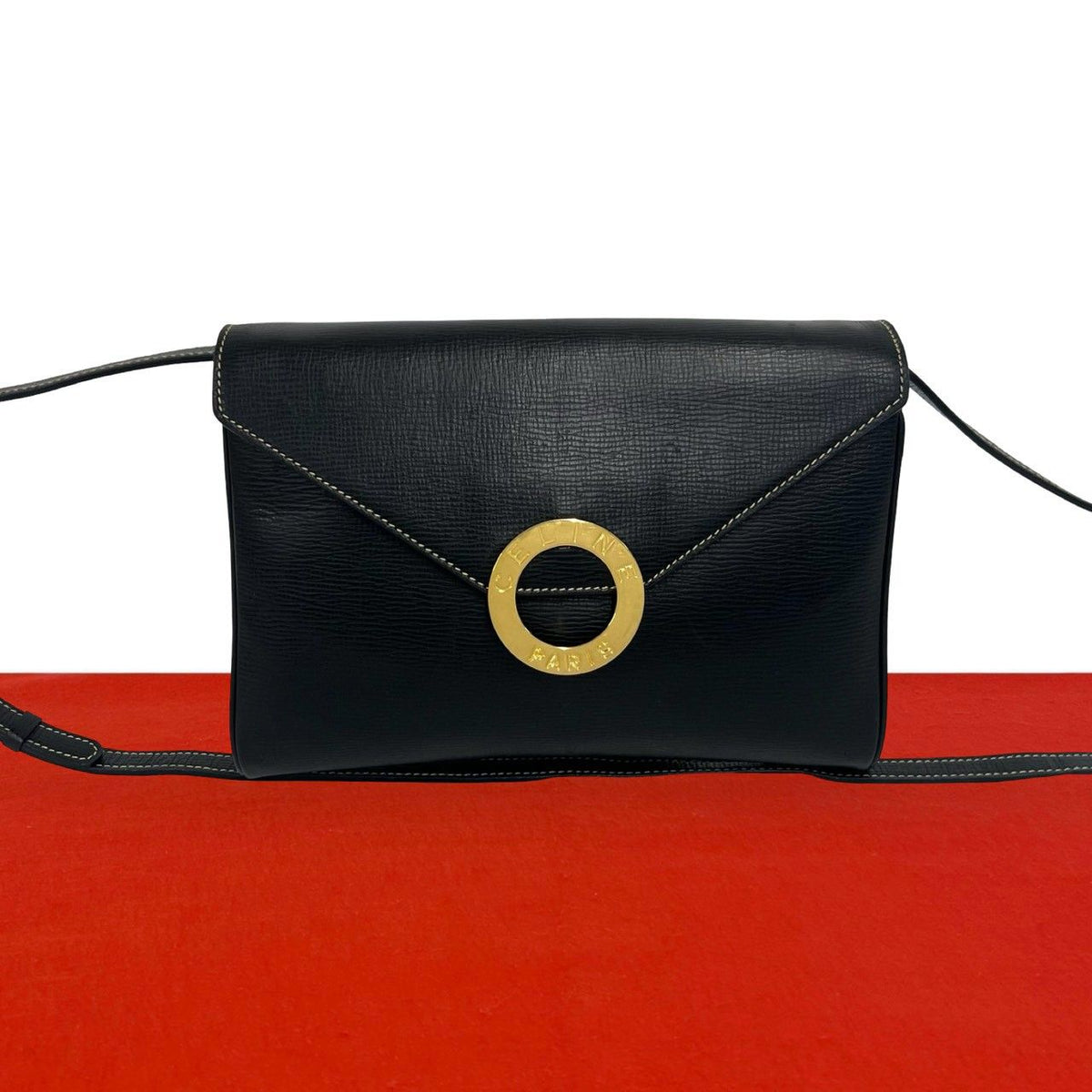 Celine Vintage Circle Logo Leather Shoulder Bag Pochette Crossbody Black