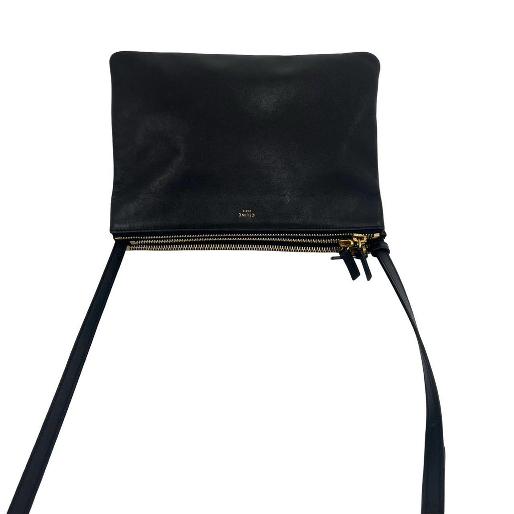 Celine Trio Logo Stamp Leather Shoulder Bag Pochette Crossbody Black — view 4