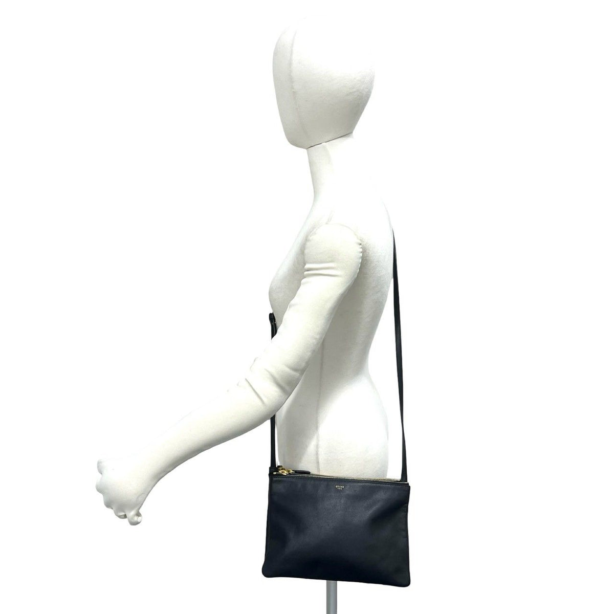 Celine Trio Logo Stamp Leather Shoulder Bag Pochette Crossbody Black — view 2