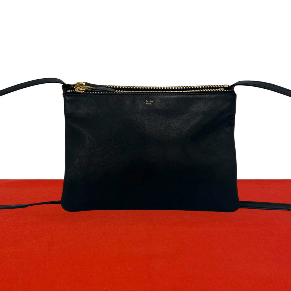Celine Trio Logo Stamp Leather Shoulder Bag Pochette Crossbody Black