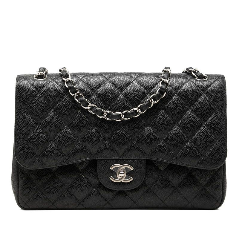 Chanel Quilted CC Logo Double Flap Chain Shoulder Bag Black Caviar Leather