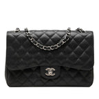 Chanel Quilted CC Logo Double Flap Chain Shoulder Bag Black Caviar Leather