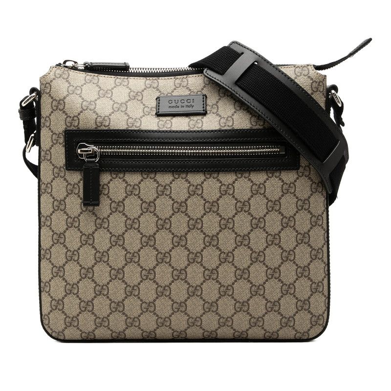 Gucci GG Supreme Crossbody Shoulder Bag Beige Black Leather