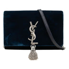 Saint Laurent YSL Logo Kate Chain Shoulder Bag Navy Silver Velour Rhinestone
