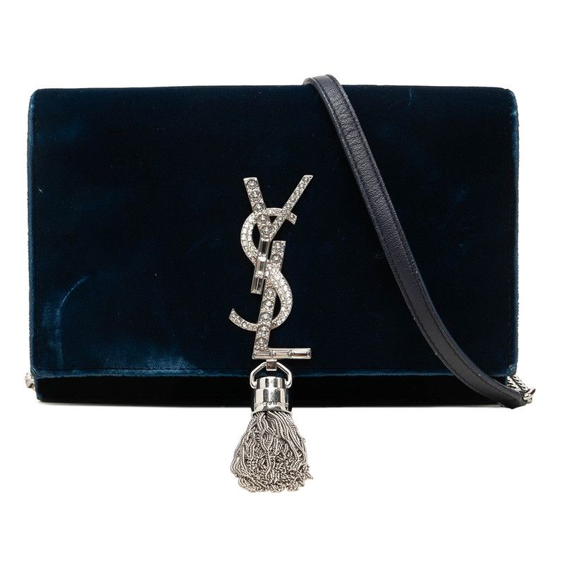 Saint Laurent YSL Logo Kate Chain Shoulder Bag Navy Silver Velour Rhinestone