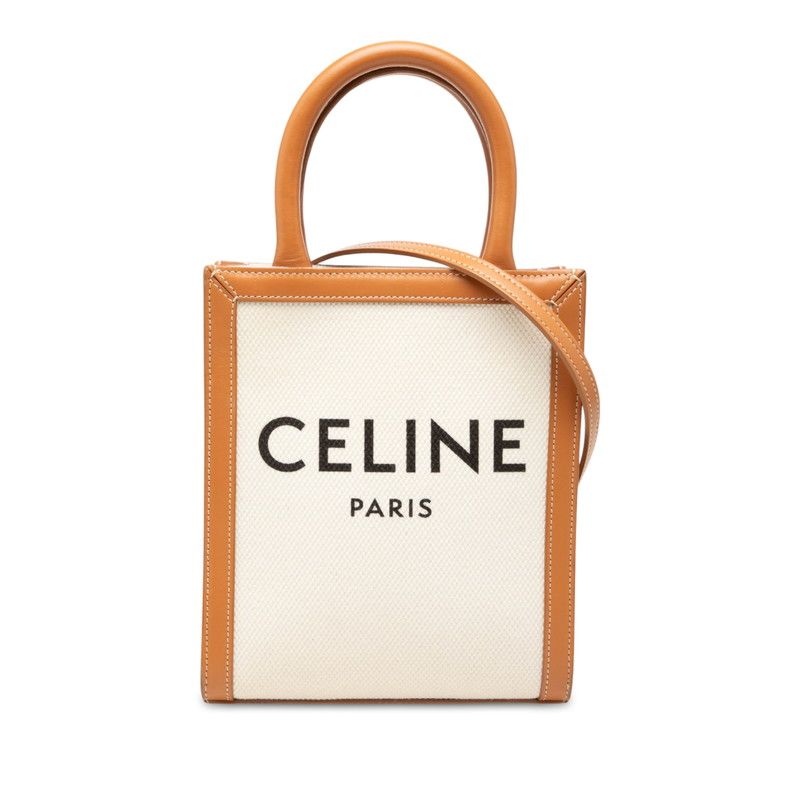 Celine Mini Vertical Cabas 2-Way Shoulder Bag Natural Brown Canvas Leather