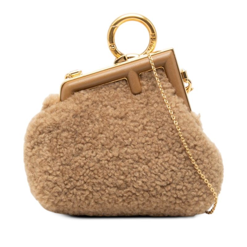 Fendi First Nano Mini Chain Shoulder Pouch Coin Purse Key Holder Brown Fleece
