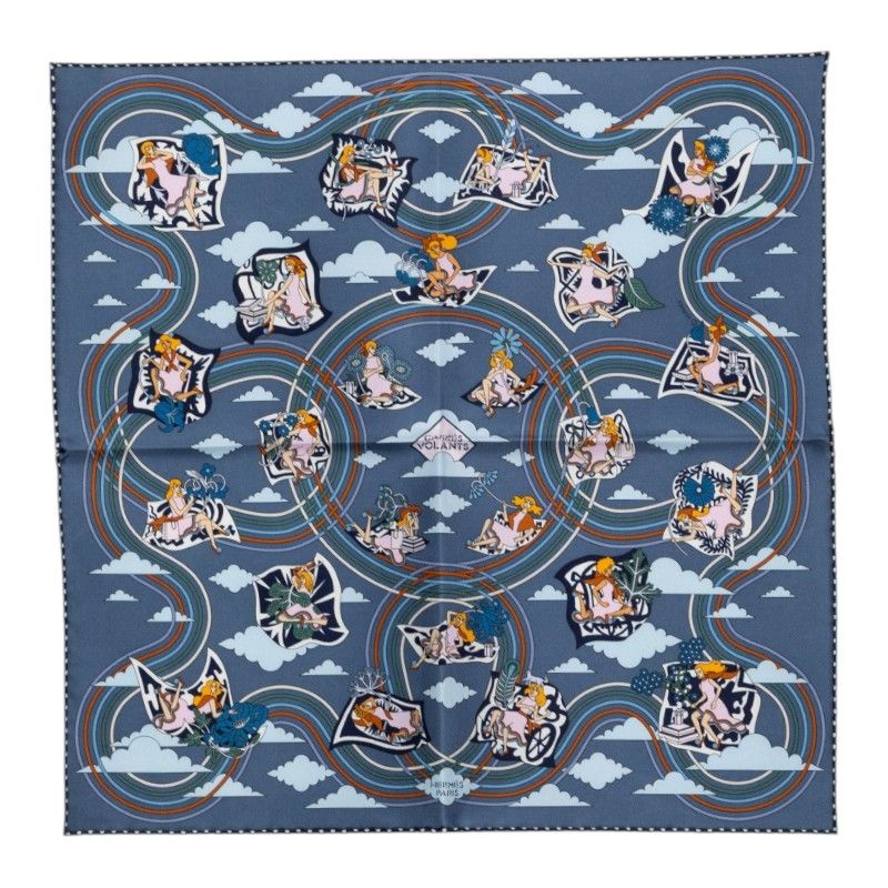 Hermes Carre 45 Carres Volants Flying Scarf Blue Multicolor Silk