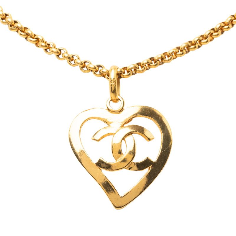 Chanel CC Logo Heart Motif Vintage Chain Necklace 95P Gold Plated