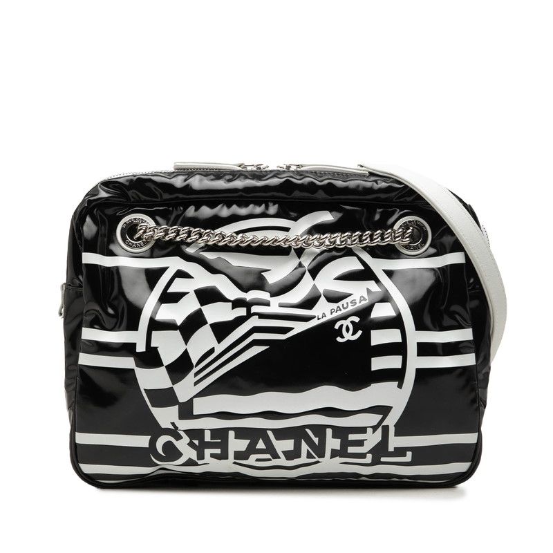Chanel la Pausa Chain Shoulder Bag Logo Black White Leather