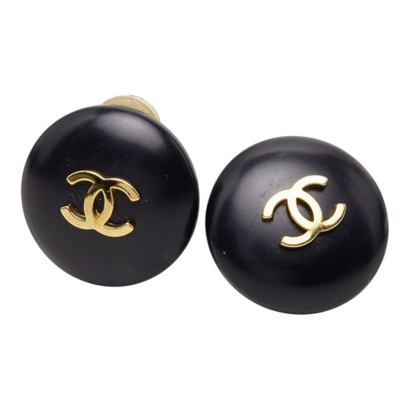 Chanel CC Logo Vintage Earrings 95P Black Gold Plated — view 3