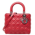 Dior Cannage Lady Dior Medium Satchel Shoulder Bag Red Leather