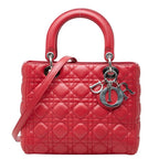 Dior Cannage Lady Dior Medium Satchel Shoulder Bag Red Leather