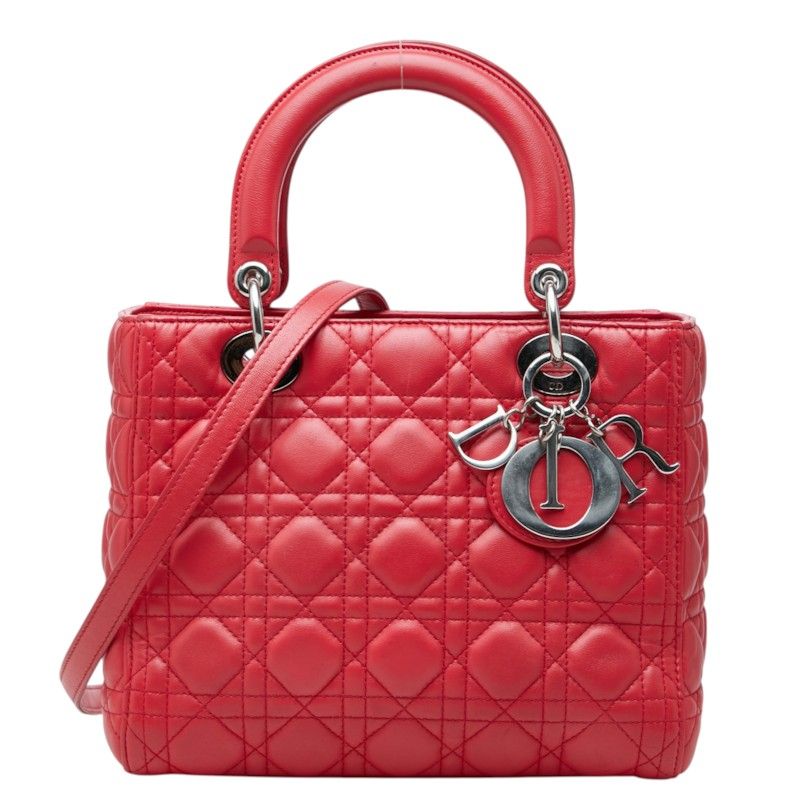 Dior Cannage Lady Dior Medium Satchel Shoulder Bag Red Leather