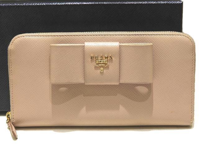 Prada Zip Around Wallet Ribbon Pink Beige Saffiano Leather Gold