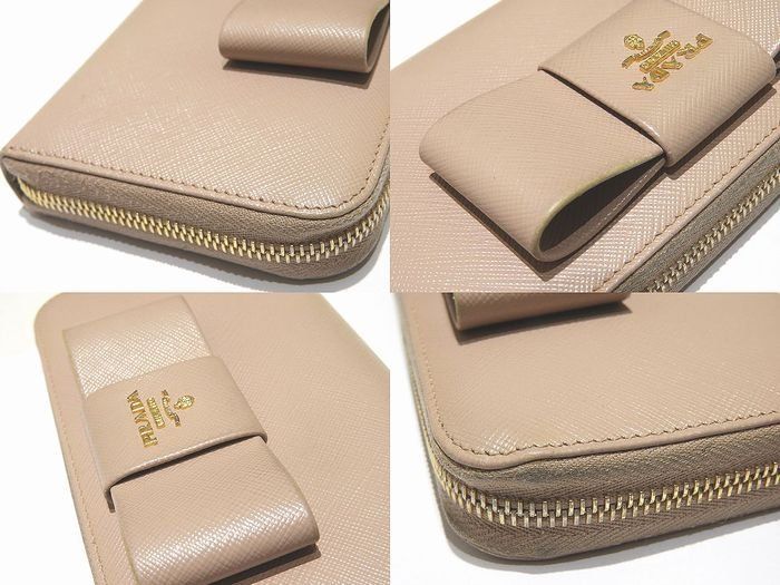 Prada Zip Around Wallet Ribbon Pink Beige Saffiano Leather Gold — view 4