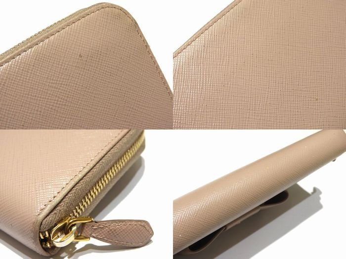 Prada Zip Around Wallet Ribbon Pink Beige Saffiano Leather Gold — view 3