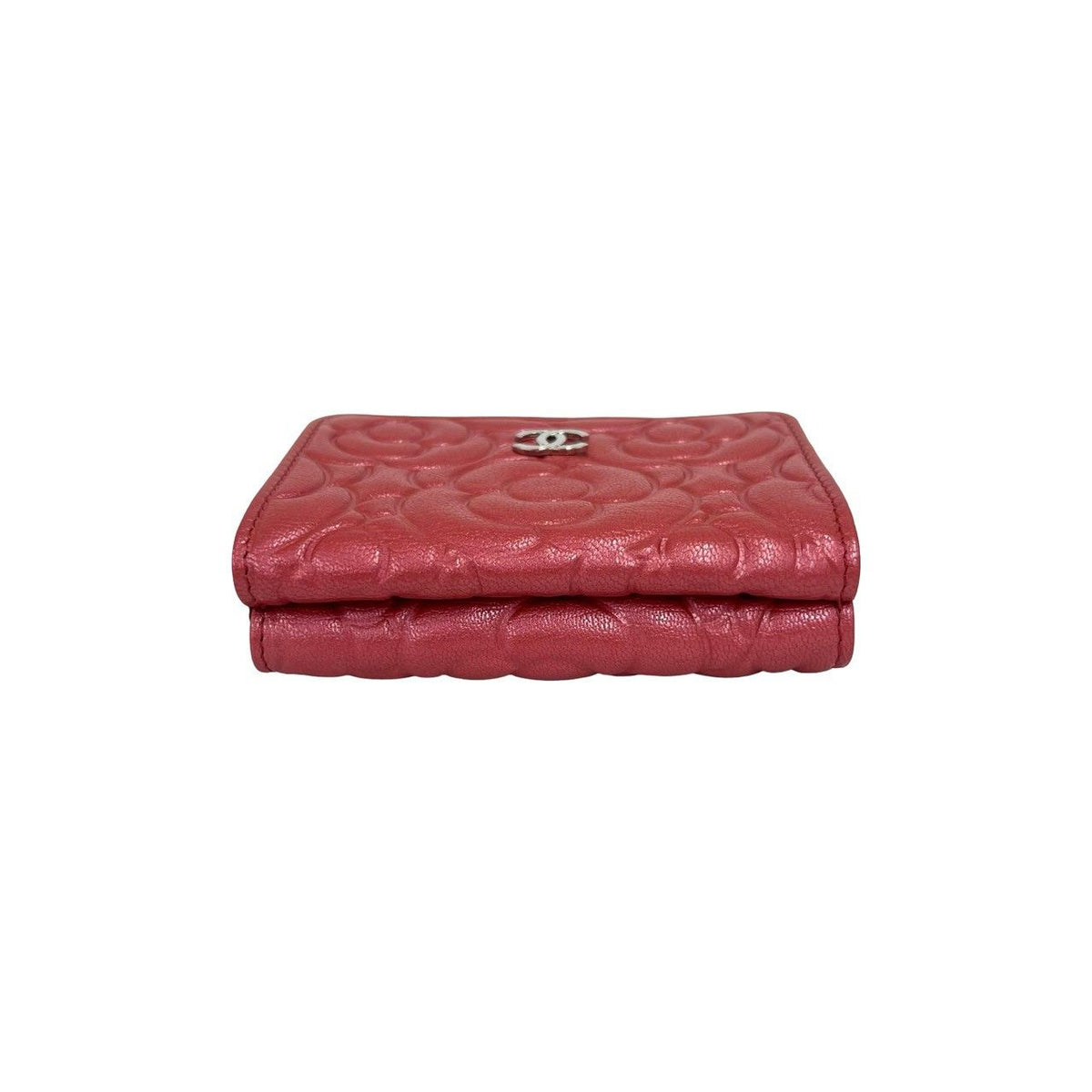 Chanel CC Logo Camellia Leather Trifold Wallet Metallic Red — view 3