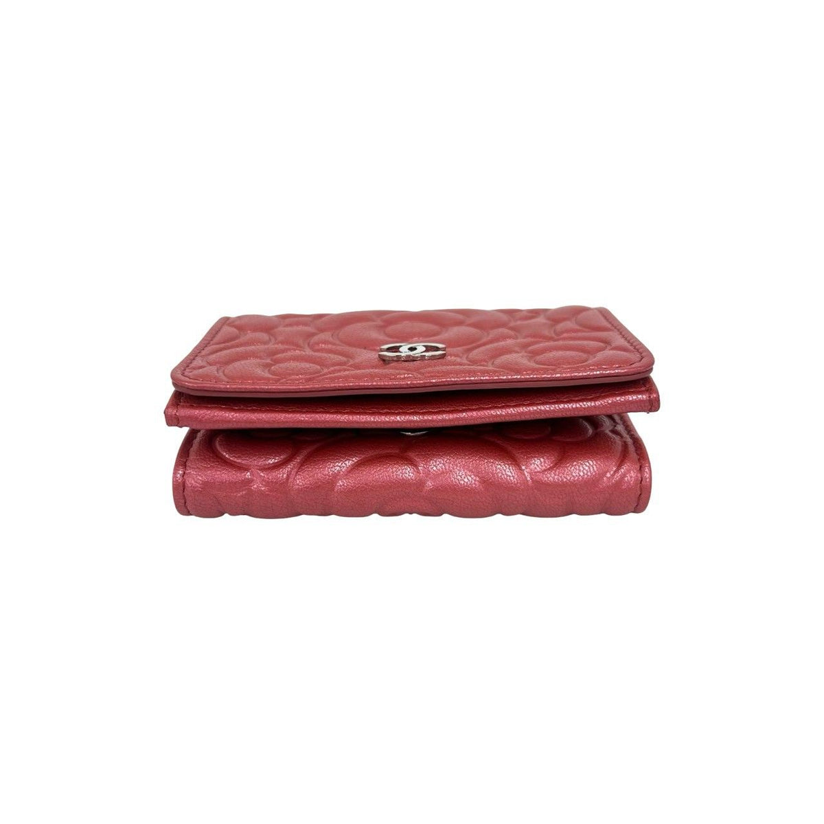 Chanel CC Logo Camellia Leather Trifold Wallet Metallic Red — view 6
