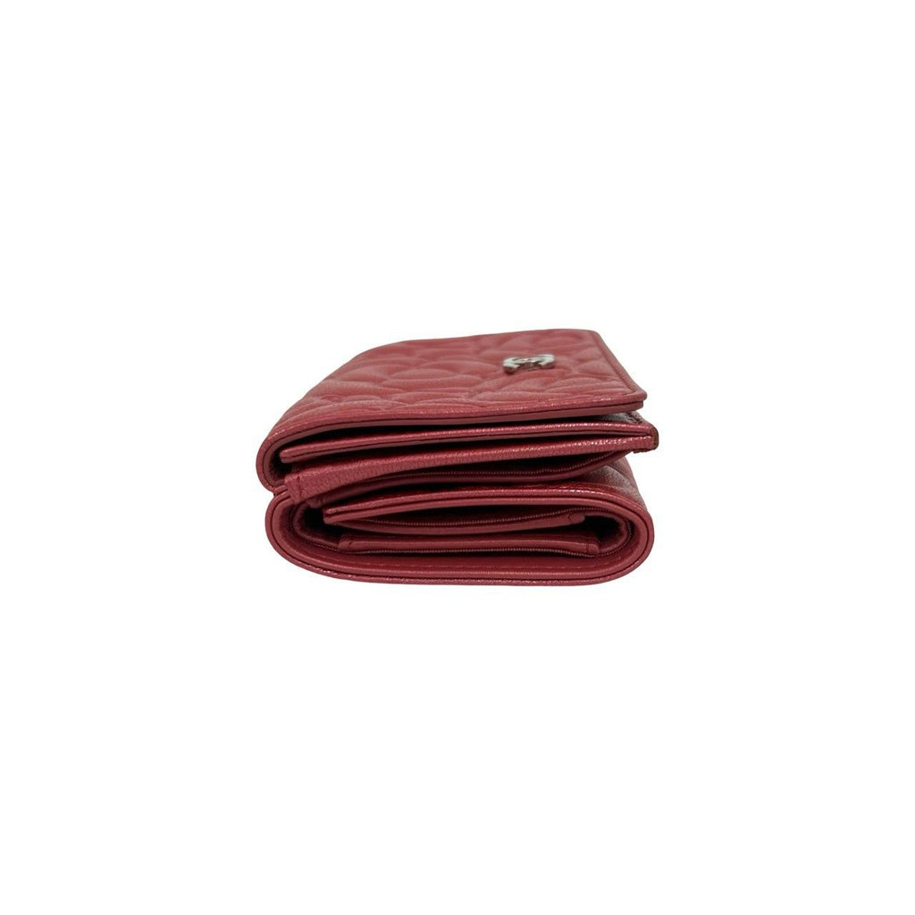 Chanel CC Logo Camellia Leather Trifold Wallet Metallic Red — view 4