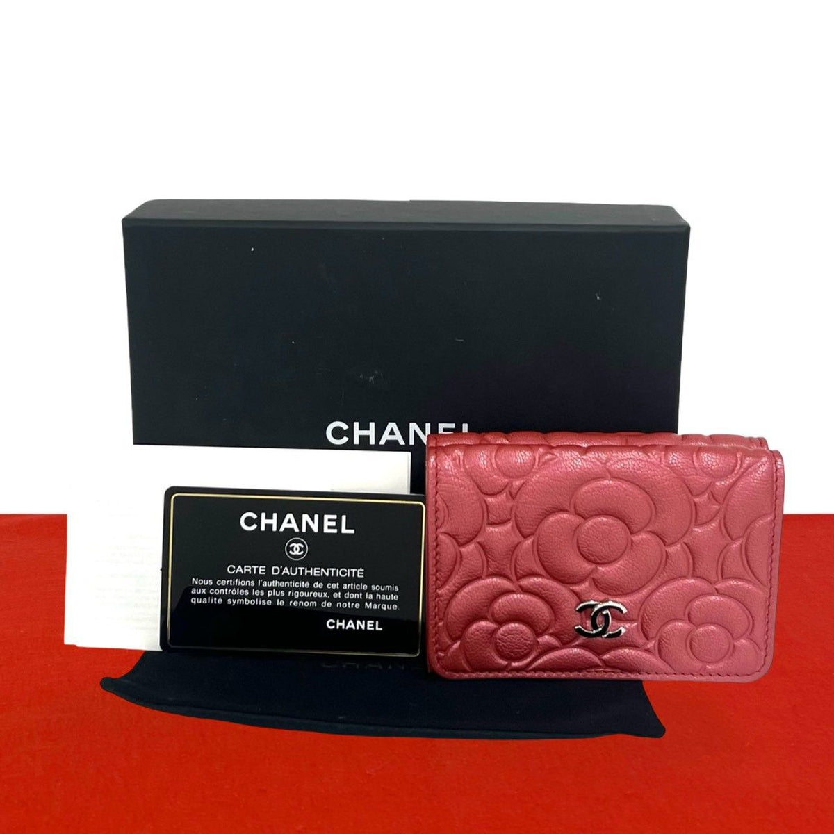 Chanel CC Logo Camellia Leather Trifold Wallet Metallic Red