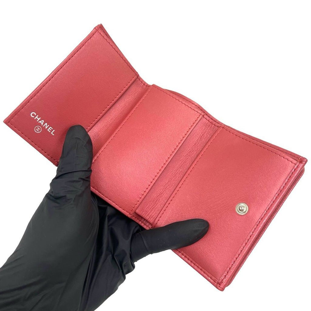 Chanel CC Logo Camellia Leather Trifold Wallet Metallic Red — view 7