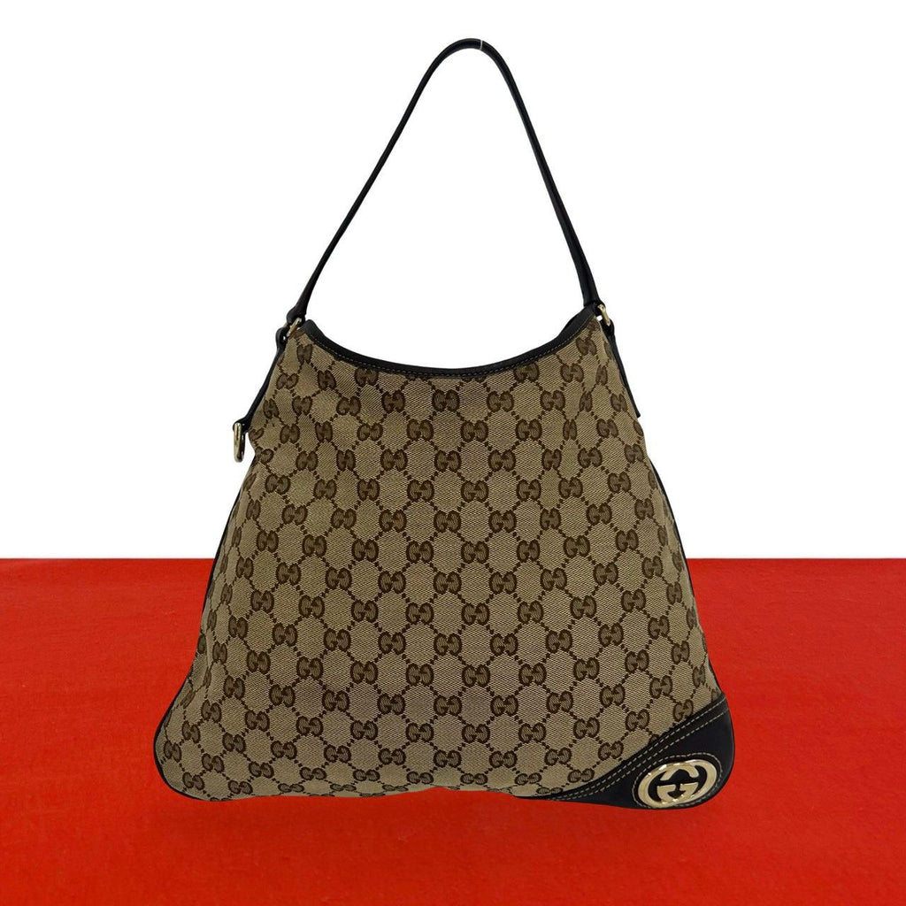 Gucci Interlocking G GG Pattern Logo Canvas Leather Shoulder Bag Tote Brown