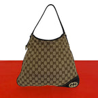 Gucci Interlocking G GG Pattern Logo Canvas Leather Shoulder Bag Tote Brown